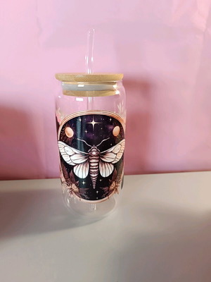 Glass mug with butterfly design and glass straw handmade