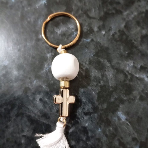 Handmade keychain, with a gold cross, white round wooden bead and white tassel, brand new