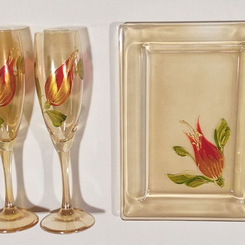 Glass handmade painted champagne set like new