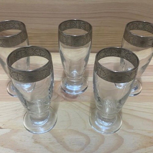 Crystal glasses like new, set of 5, with silver decorative rim
