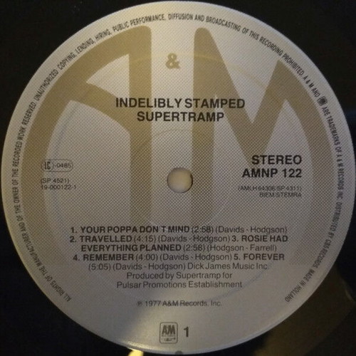 Supertramp Indelibly Stamped vinyl record used, rock