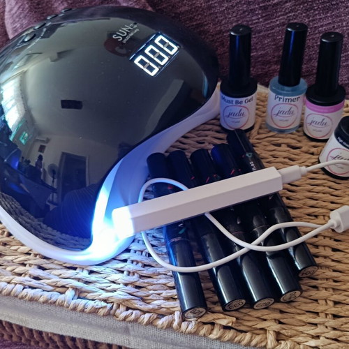 Complete Semi-Permanent Manicure Set with SUN 48W Lamp, Mini Lamp, Jadu 4-Step System and Gifts like new