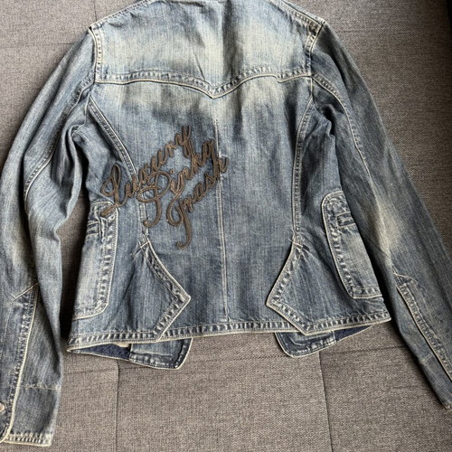 Pinko women's vintage denim jacket with dragonfly brooch, used, size M
