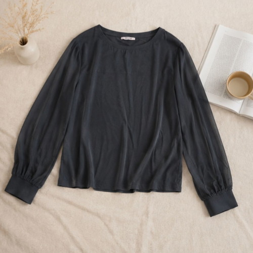 Orsay mako blouse size L, dark grey with sheer sleeves