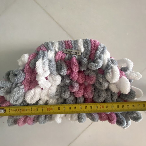 Handmade puffy bag with chain, like new, gray and pink