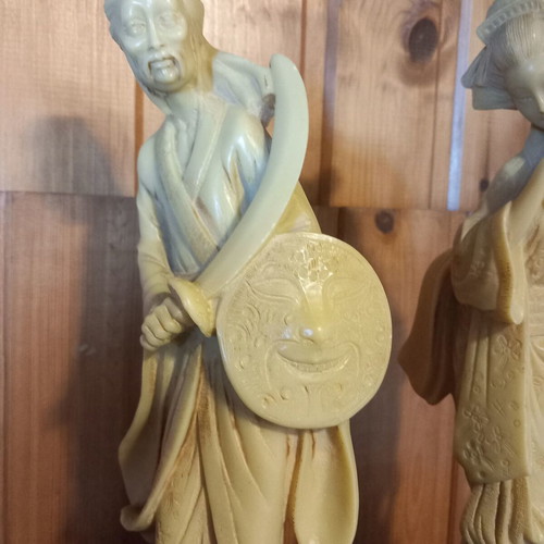 Samurai and Geisha vintage resin figurines in faux ivory