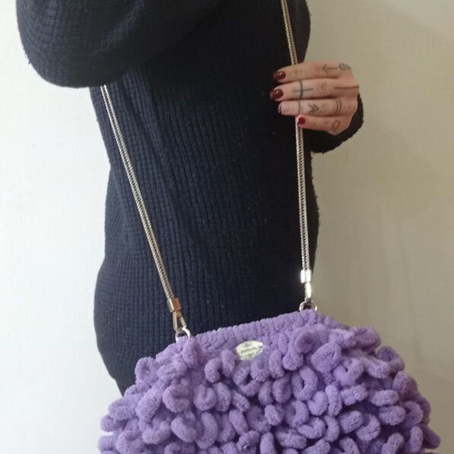 Handmade Puffy Shoulder Bag 20cm with Metal Frame Purple