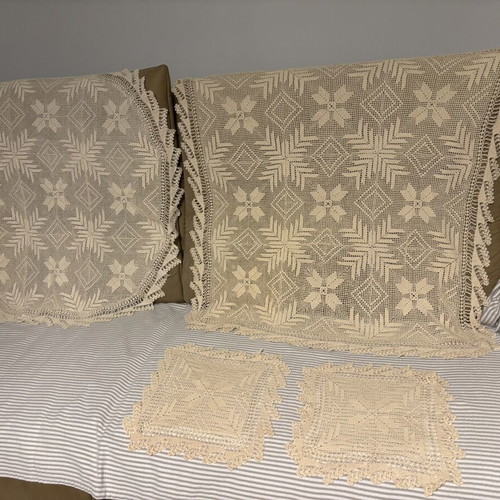 Traditional handmade crochet table linens, 75 pieces, vintage
