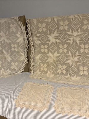 Traditional handmade crochet table linens, 75 pieces, vintage