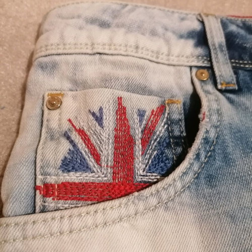 Bershka denim shorts with English flag embroidery used, size 40