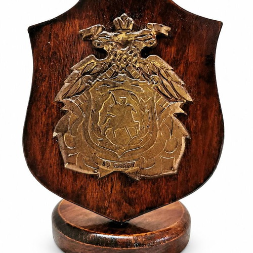 Russian Metal Crest Bo Clavy on Wooden Base Vintage Decorative