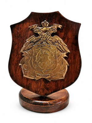 Russian Metal Crest Bo Clavy on Wooden Base Vintage Decorative