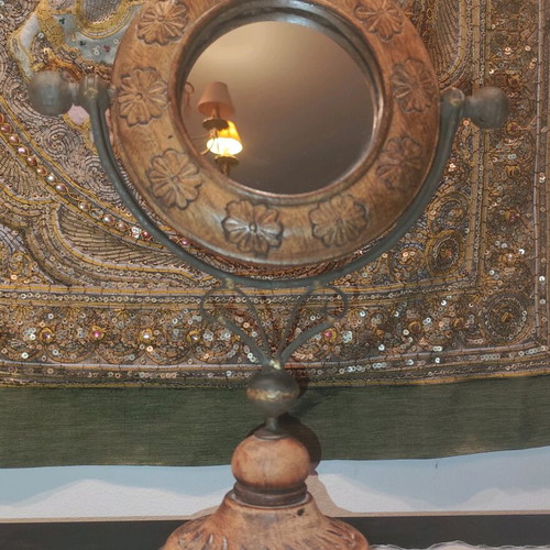 Wooden carved rotating tabletop mirror used vintage