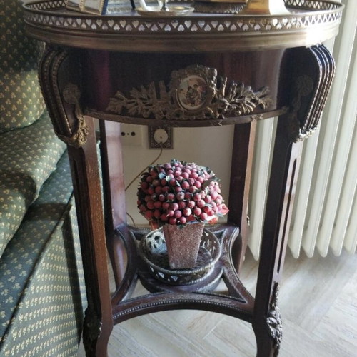 Decorative tables with handmade marquetry and red marble, like new, set of 2