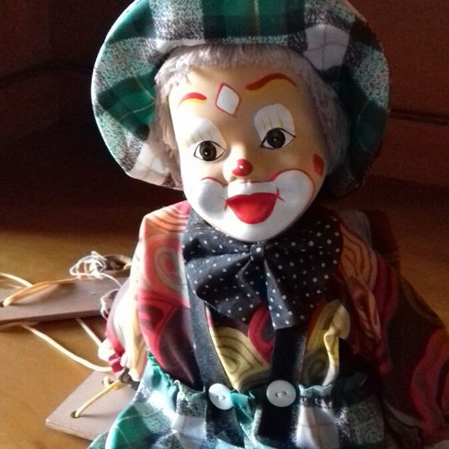 Pierrot Clown Marionette like new, fabric body with ceramic head