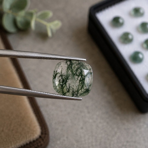 Moss Agate 8×8mm Cushion Cut new for ring or pendant