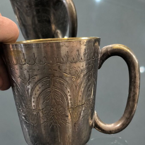 Silver-Plated Vintage Wine Cups set of 4 used, ornate floral engraving