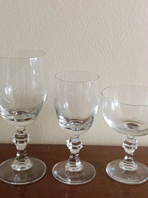 Glassware set like new with 12 champagne, 12 dessert, 10 small and 10 large wine, 12 liqueur glasses