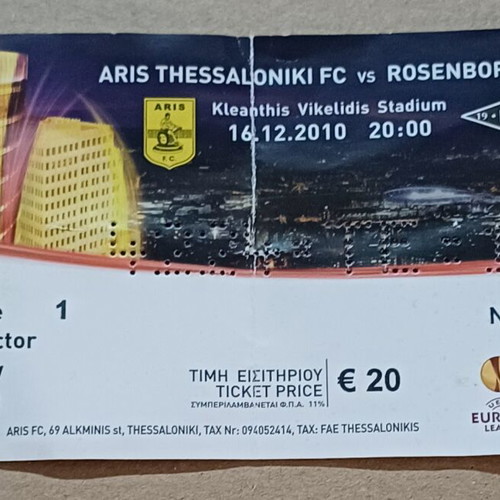 UEFA Europa League ticket used, Aris Thessaloniki vs Rosenborg 16-12-2010