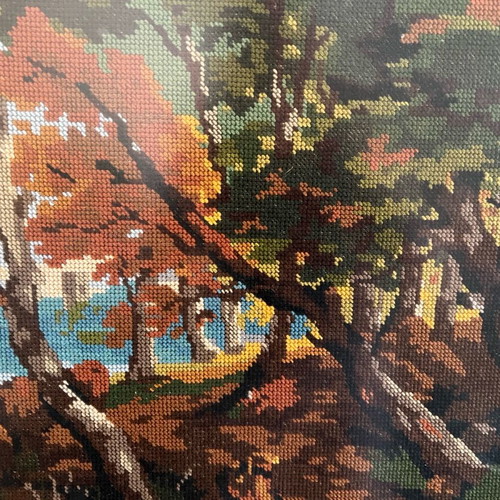 Textile painting used with rural landscape and matte glass