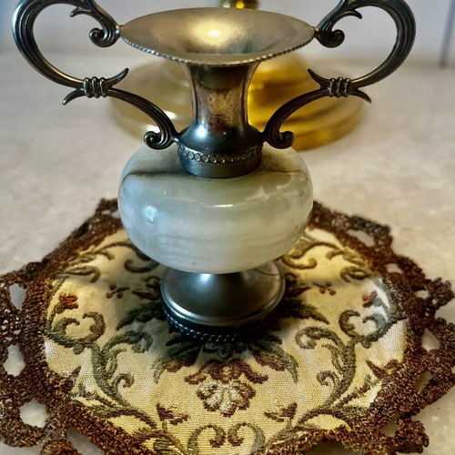 Collectible mini amphorae set of 2 used, onyx and bronze, 8cm