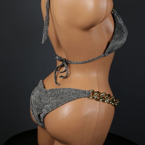 Bikini two-piece silver glitter with gold rings and shiny stones new
