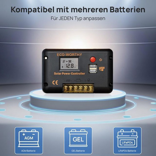 30A Solar Charge Controller 12/24V PWM with Bluetooth and 2 USB Ports