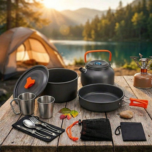 Camping cooking set XXL 15 pieces, anodized aluminum, new