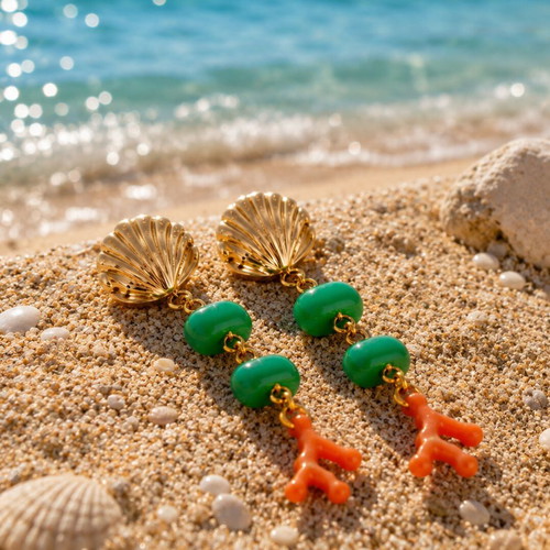 Handmade Long Earrings with Metal Shell, Coral Beads, and Steel Studs