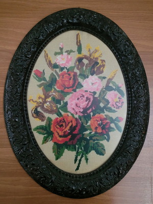 Textile painting with beautiful embroidery in frame