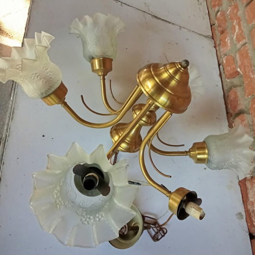 Brass 6-Light Vintage Ceiling Lamp used, 1970s with opaline shades