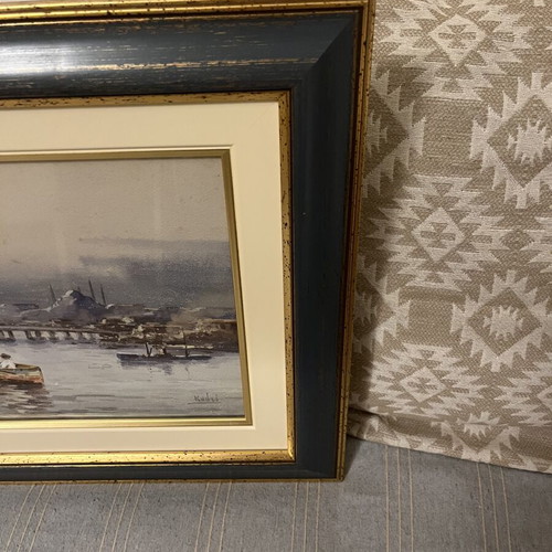 Kadri Aytolon Original Watercolor View of Constantinople with Frame