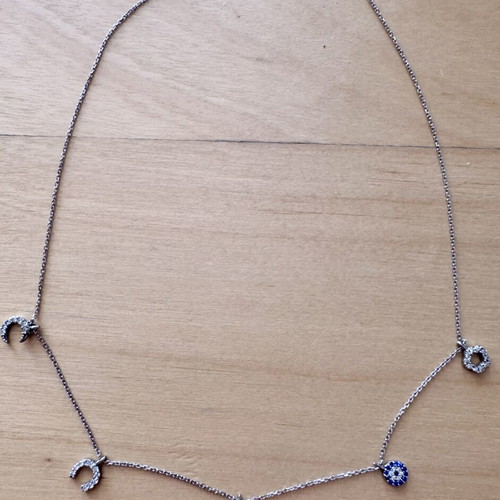 925 Sterling Silver Lucky Charm Necklace like new with Evil Eye Heart Moon CZ