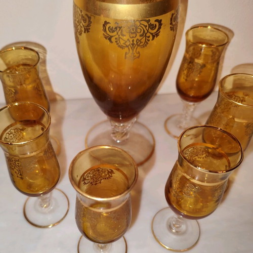 Liqueur set used, decanter with stopper and 6 glasses, antique 1930