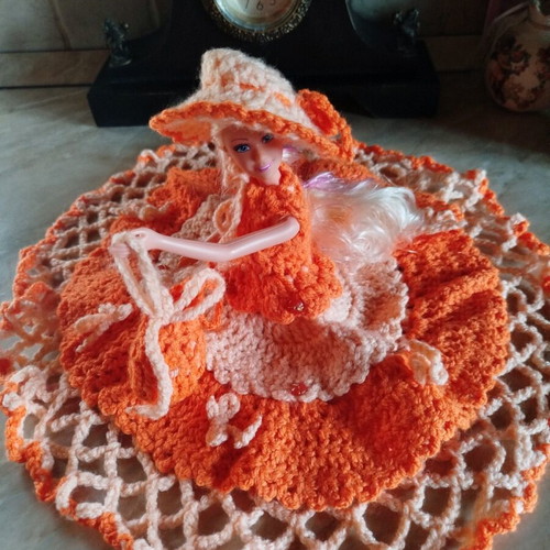 Doll with handmade dress, hat and bag new