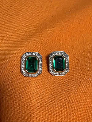 Rectangular earrings with green stone, silver setting and rhinestones new