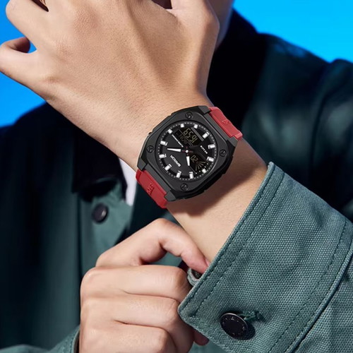 Modern analog and digital watch new, black and red
