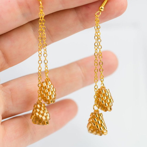 Gold Earrings with Triangular Glass Beads handmade
