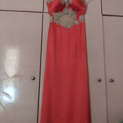 Saten prom dress used, coral with gold lace embroidery and cut-out