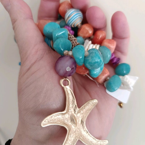 Long summer necklace with starfish, shells & semi-precious stones