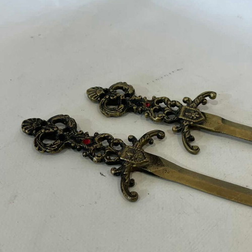 Set of 2 vintage letter openers medieval style with ornate handles 19cm used