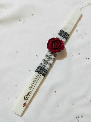 Candle with red rose handmade, decorated with pearls and glitter