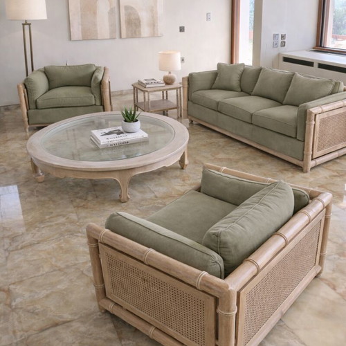 Vintage Bamboo sofa set like new, 3-seater couch with 2 armchairs and 2 tables
