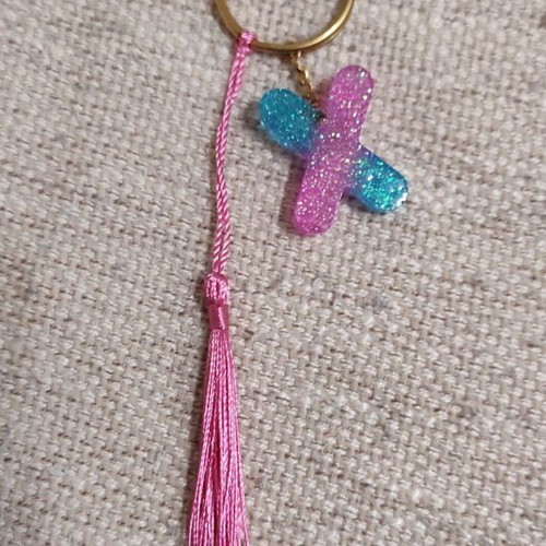 Handmade keychain with resin letter X and tassel