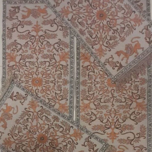 Set of four handmade table runners in earthy and orange tones with gold details and fringe like new