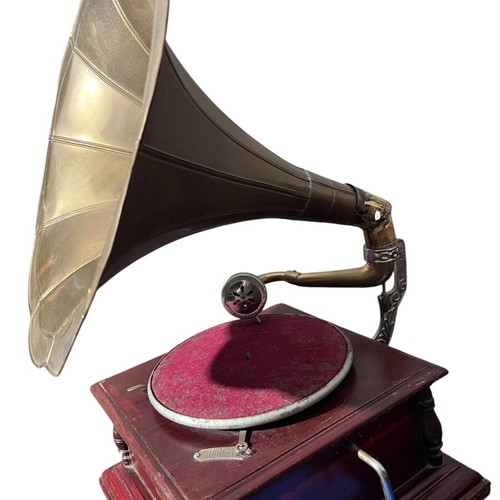 Vintage Gramophone used, His Master's Voice, functional with wooden base