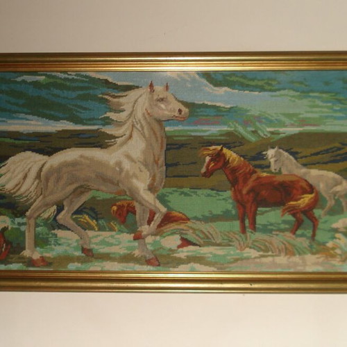 Handmade embroidered painting with wooden frame, horses theme, like new