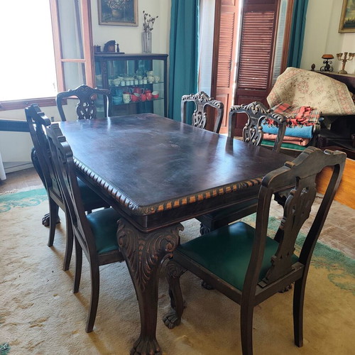 French antique dining table with lion legs and chairs, buffet included