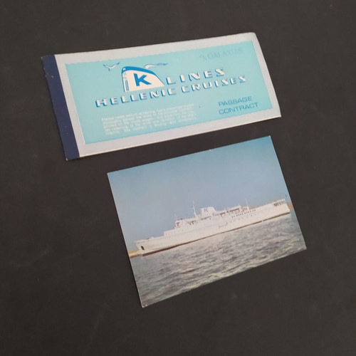 K-LINES Hellenic Cruises 1972 Galaxias ship ticket with postcard