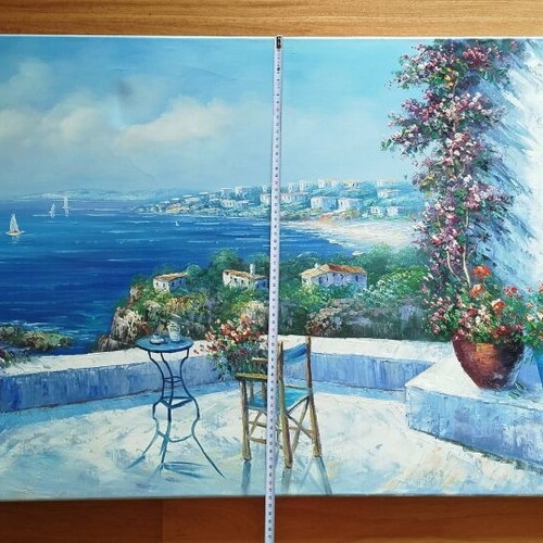 Large canvas painting with Greek Mediterranean landscape like new